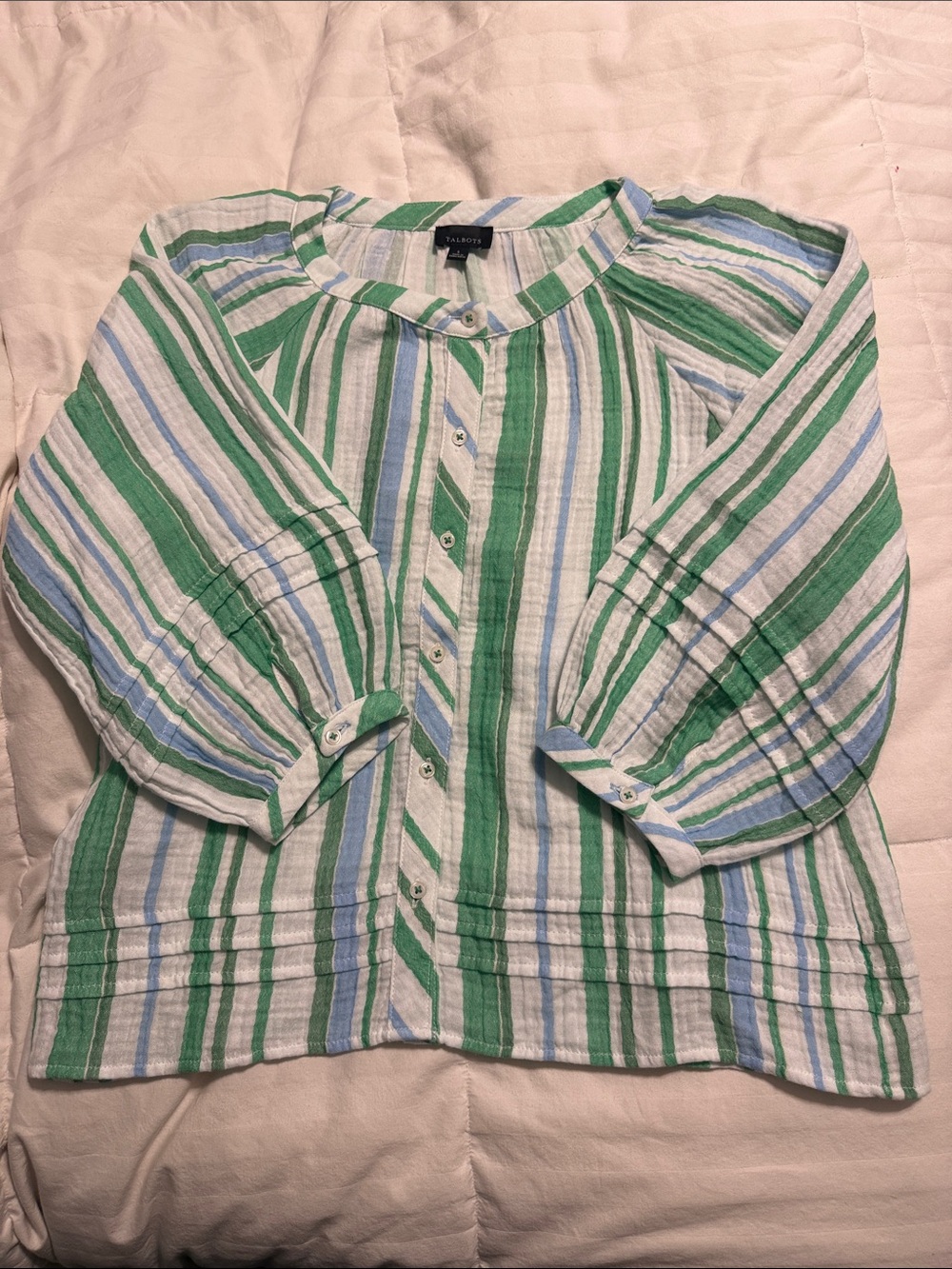 Talbots - Green Blue and White Striped Button-Front Top - Small